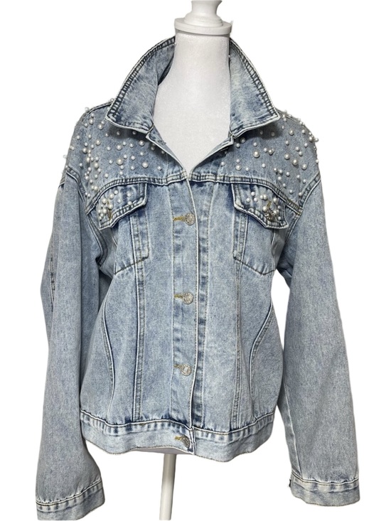Jackets & Blazers - Denim Pearl Embellished Jean Jacket Chest Pockets Stone Washed Light Blue XL